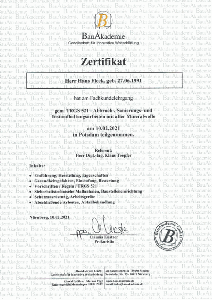 Zertifikat für Abbruch- und Rückbauarbeiten von Bieber und Fleck